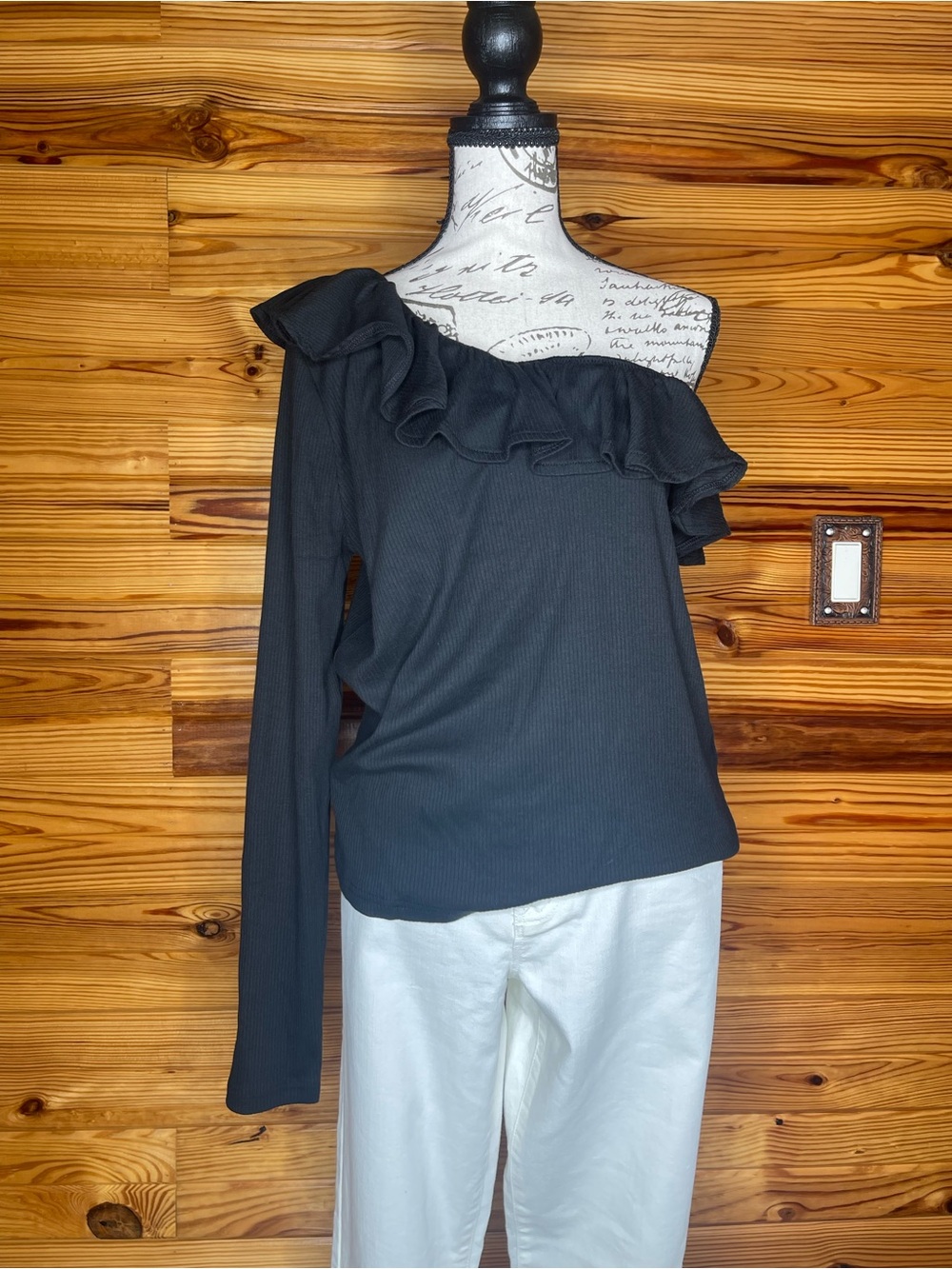 J. Crew Black One-Shoulder Ruffle Top